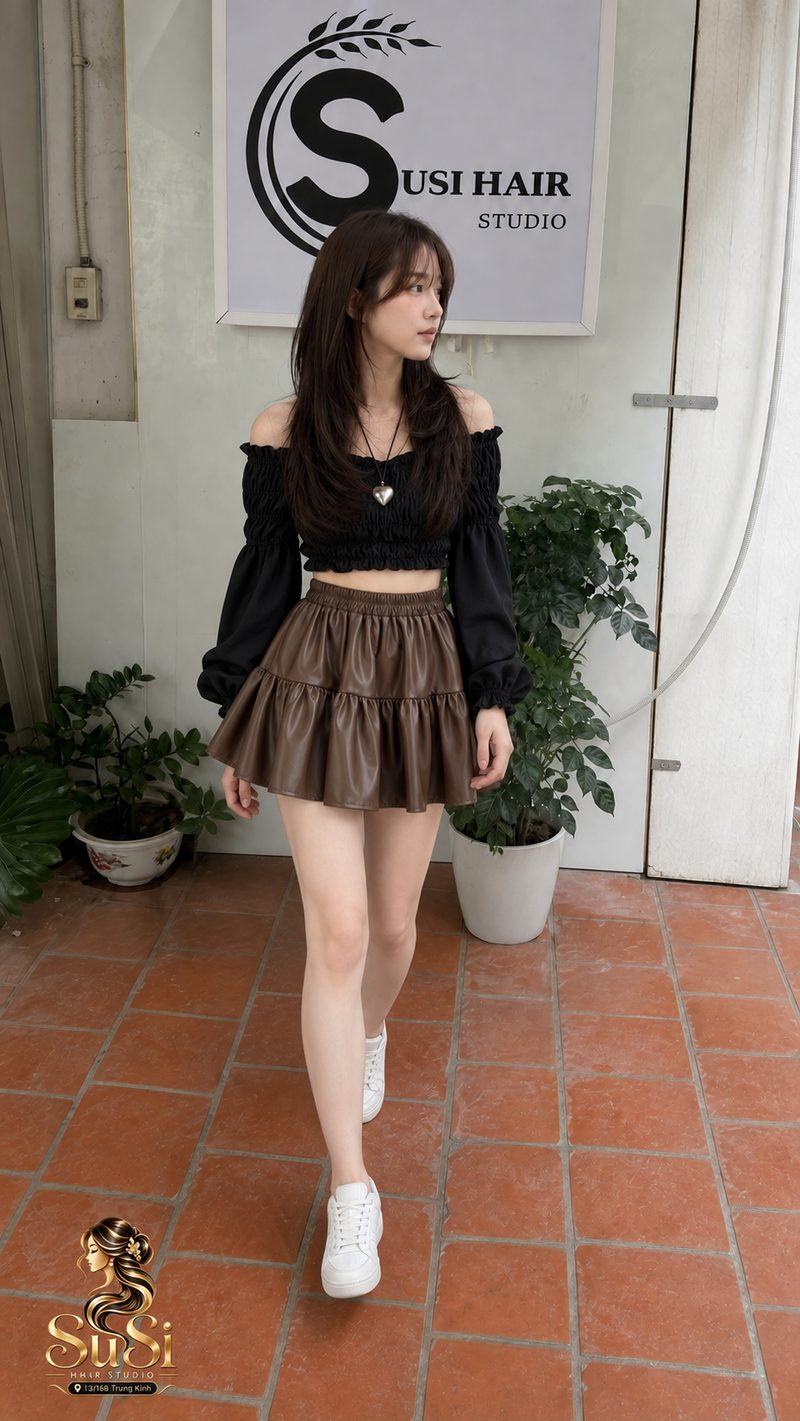 Váy Ngắn Dù Váy Da Váy Retro Bánh Nâu Váy Xếp Ly Váy Da pu Váy Thu…